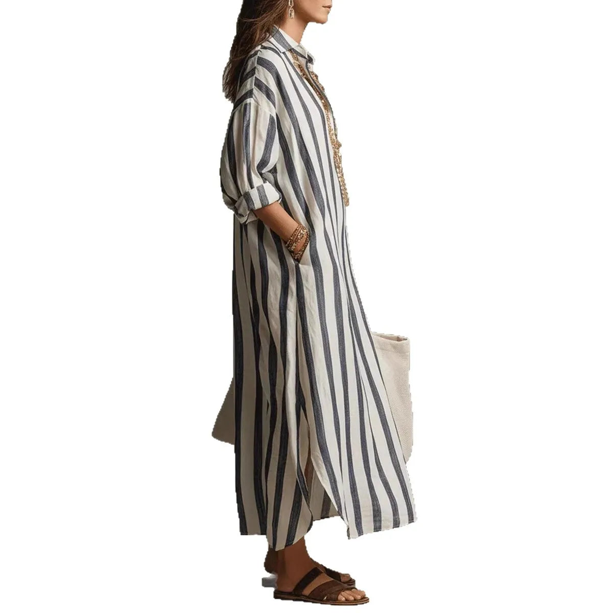 Vestido bohemio a rayas con cuello camisero