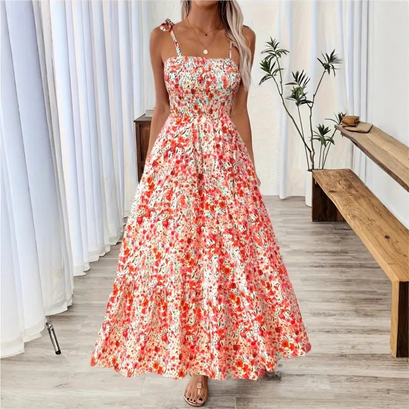 Vestido maxi bohemio con espalda descubierta y tirantes finos