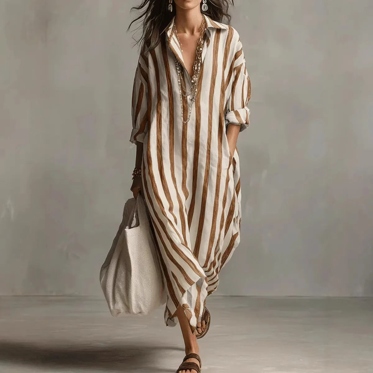 Vestido bohemio a rayas con cuello camisero