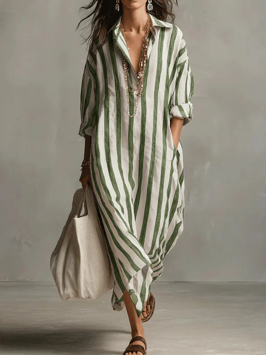 Vestido bohemio a rayas con cuello camisero