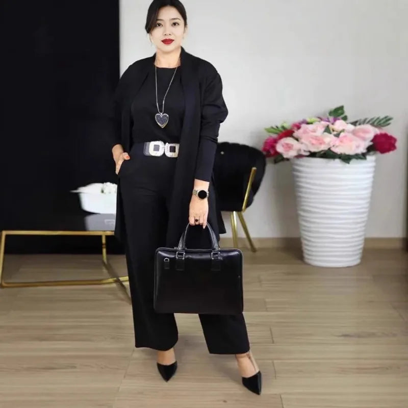 Conjunto 3 piezas mujer Y2K – top, abrigo y pantalón de pierna ancha