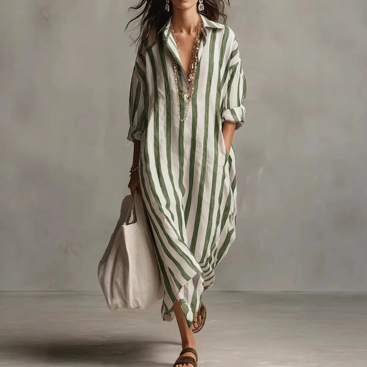 Vestido bohemio a rayas con cuello camisero
