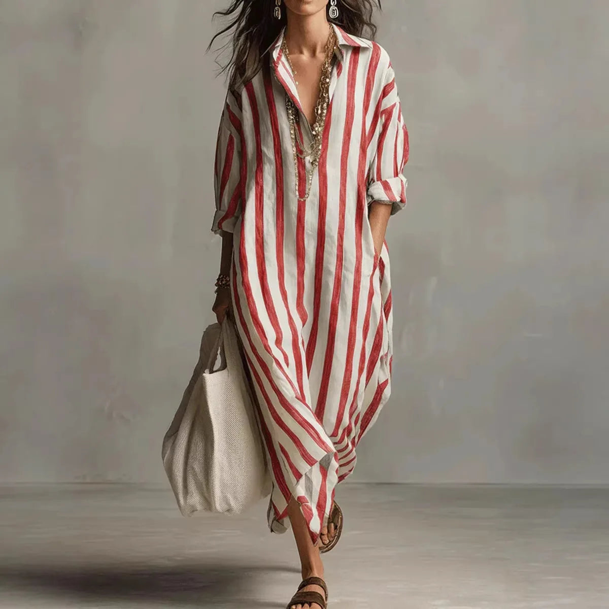Vestido bohemio a rayas con cuello camisero