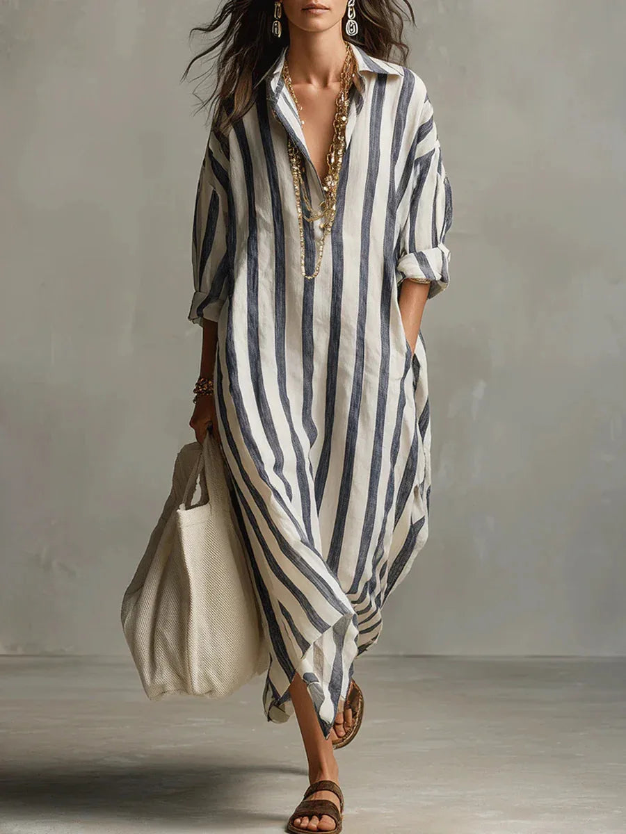 Vestido bohemio a rayas con cuello camisero