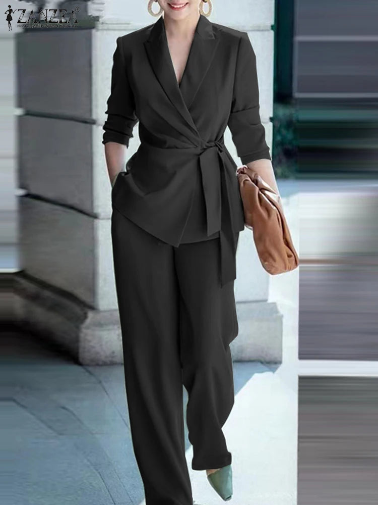 Conjunto elegante de blazer y pantalón para mujer con cinturón