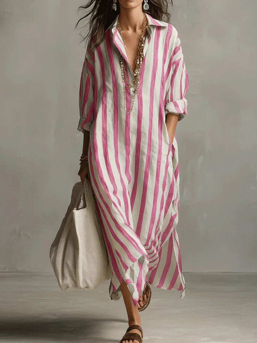 Vestido bohemio a rayas con cuello camisero