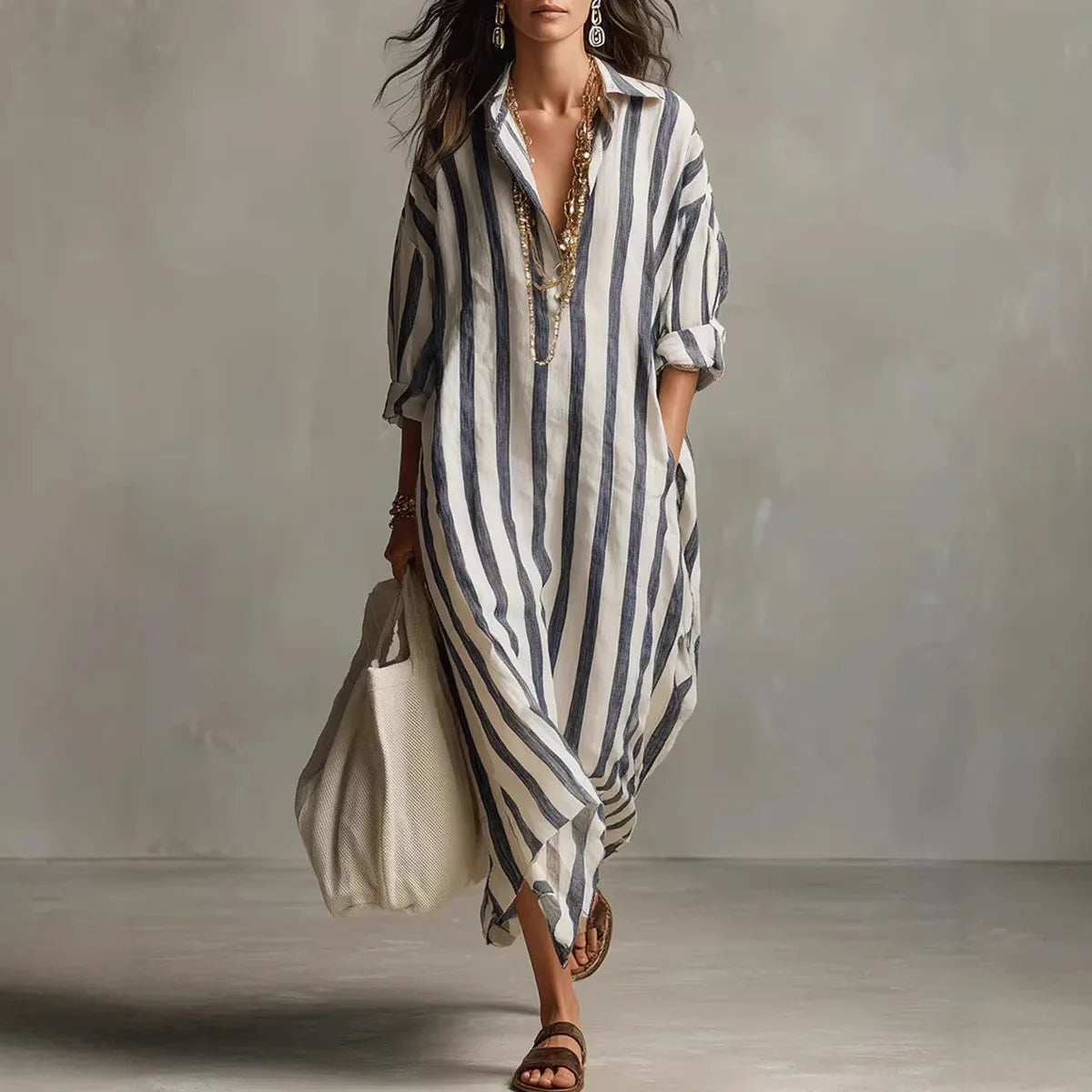 Vestido bohemio a rayas con cuello camisero