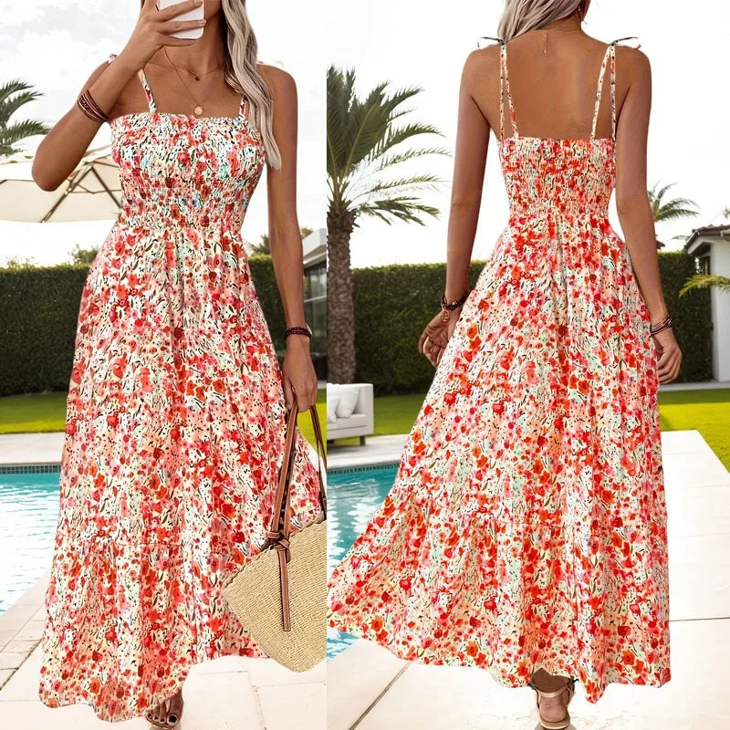 Vestido maxi bohemio con espalda descubierta y tirantes finos
