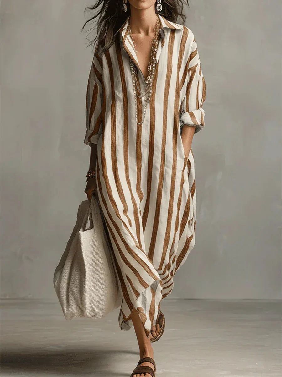Vestido bohemio a rayas con cuello camisero