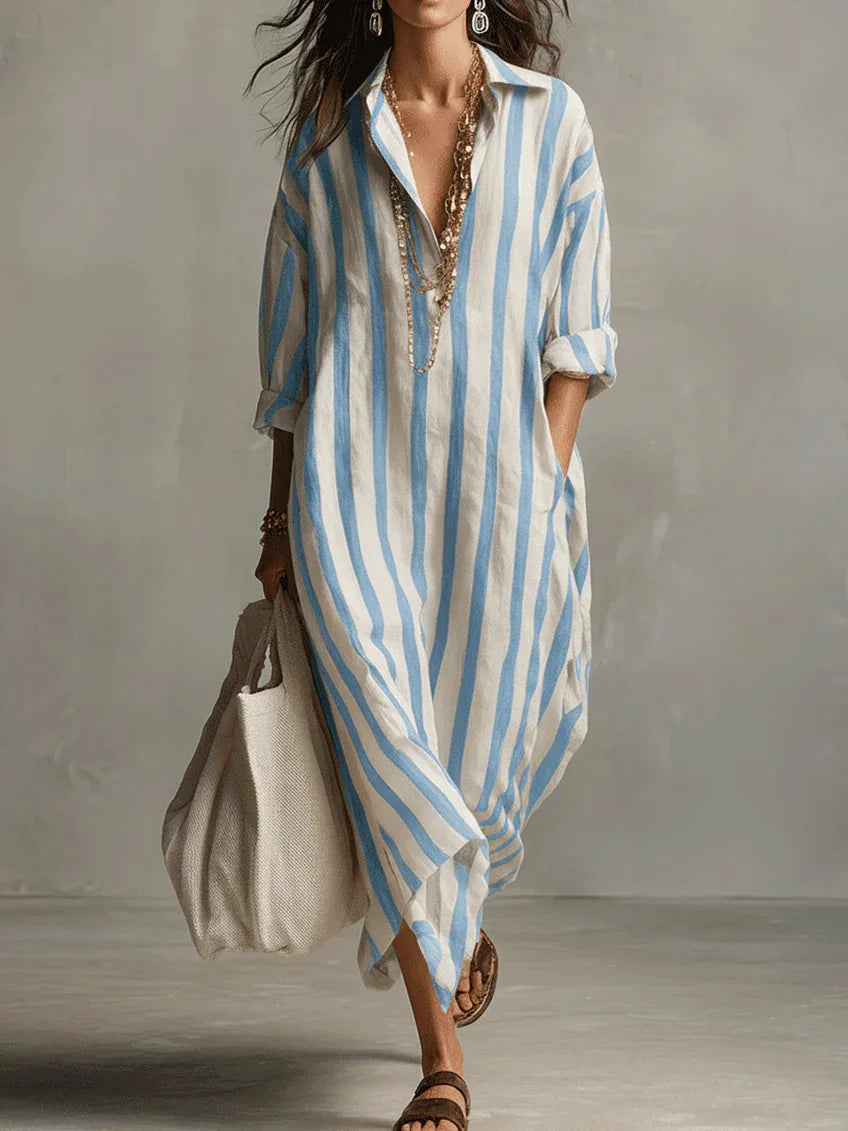 Vestido bohemio a rayas con cuello camisero