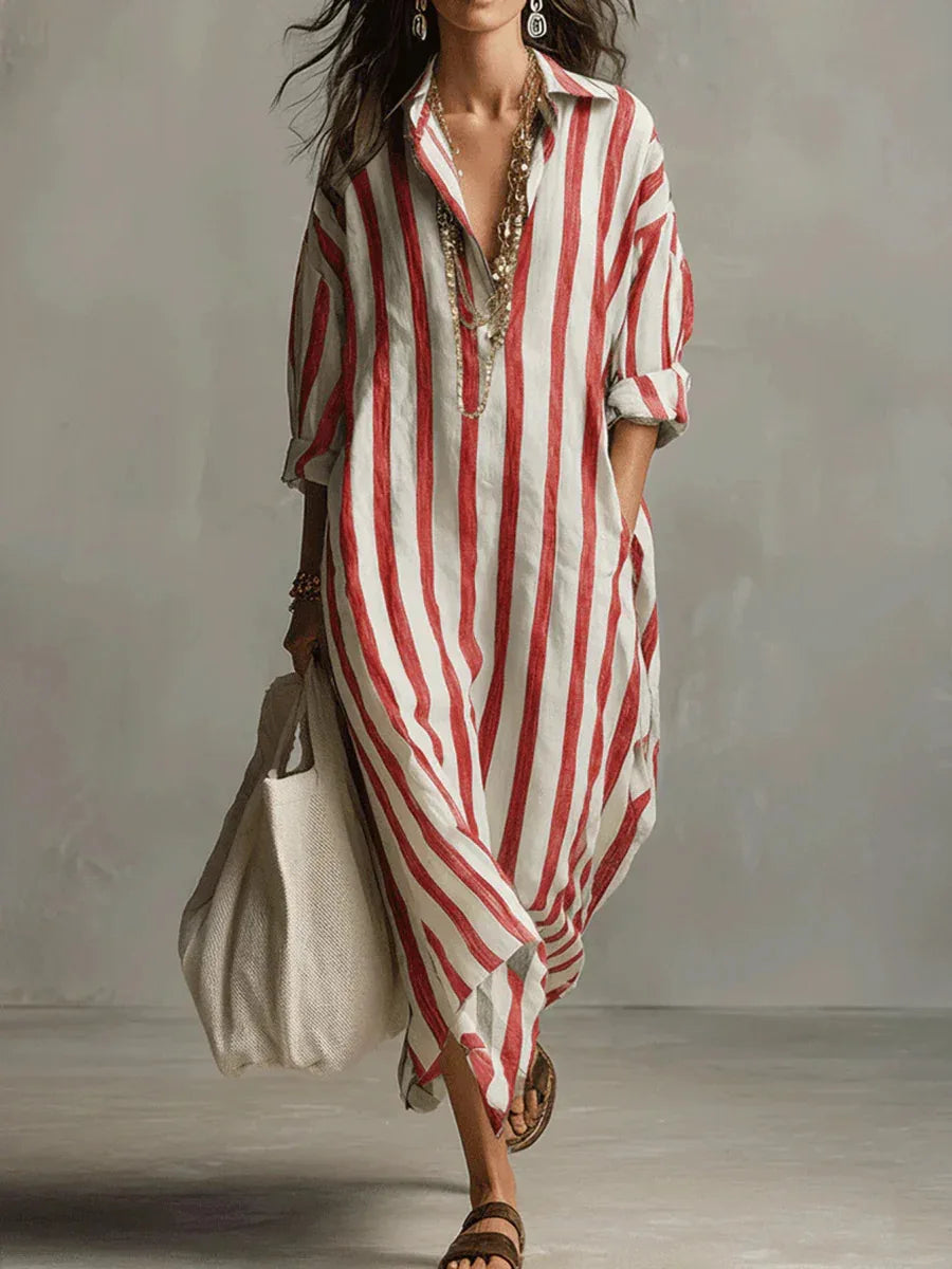 Vestido bohemio a rayas con cuello camisero