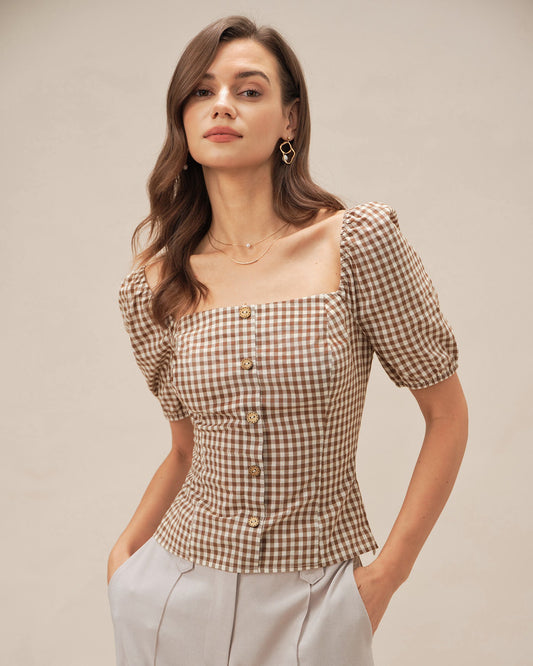 Blusa de cuadros marrón con escote cuadrado y mangas abullonadas