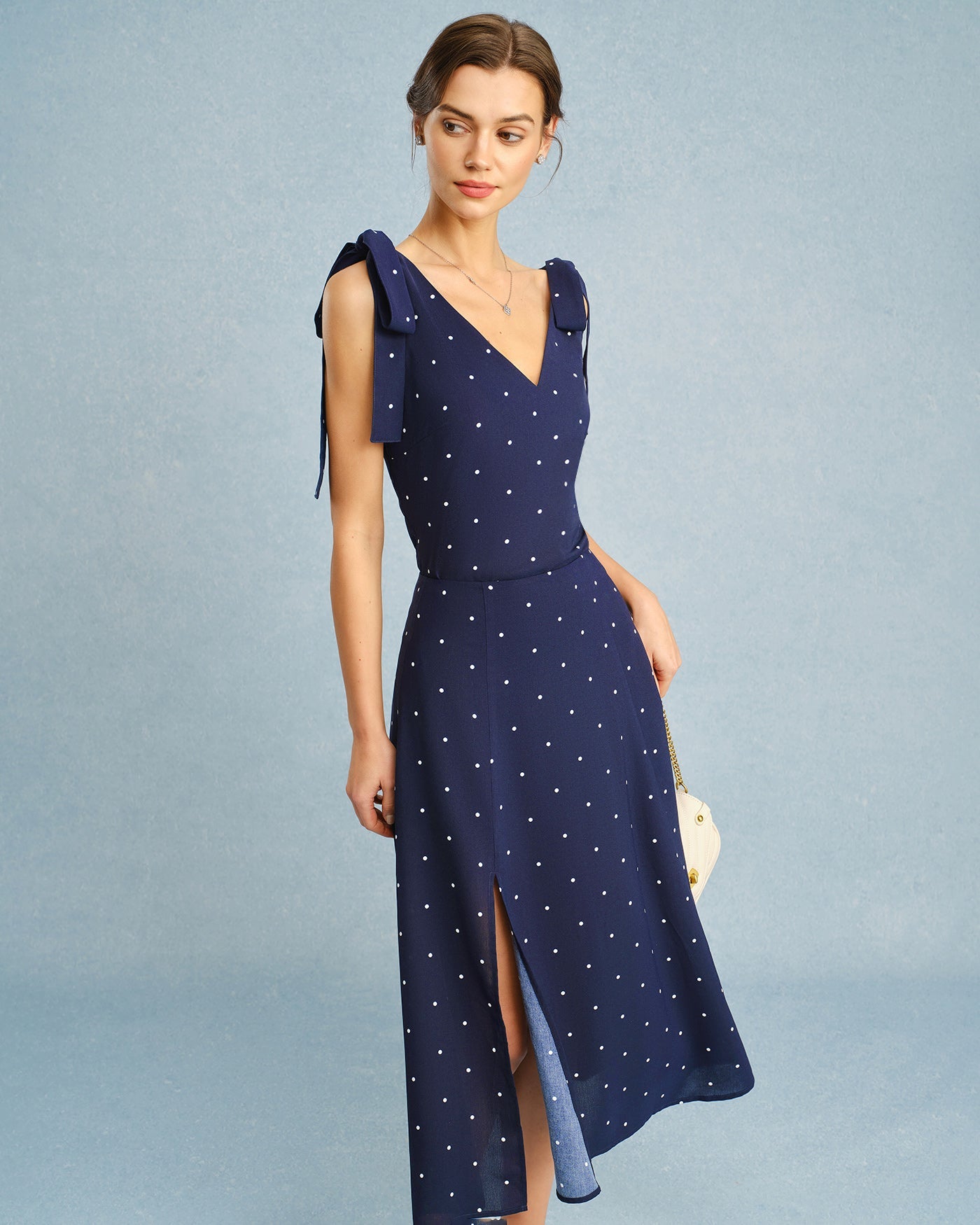 Falda Midi Azul Marino con Lunares y Abertura